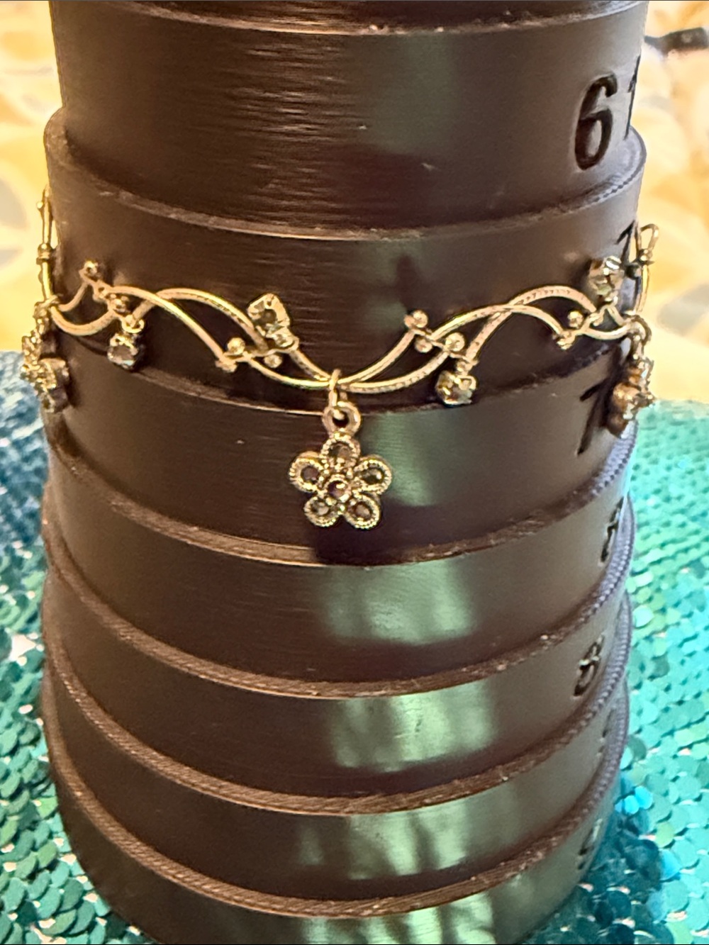 Icing dainty thin silver bracelet with 3 blue rhinestone flowers & wispy accents